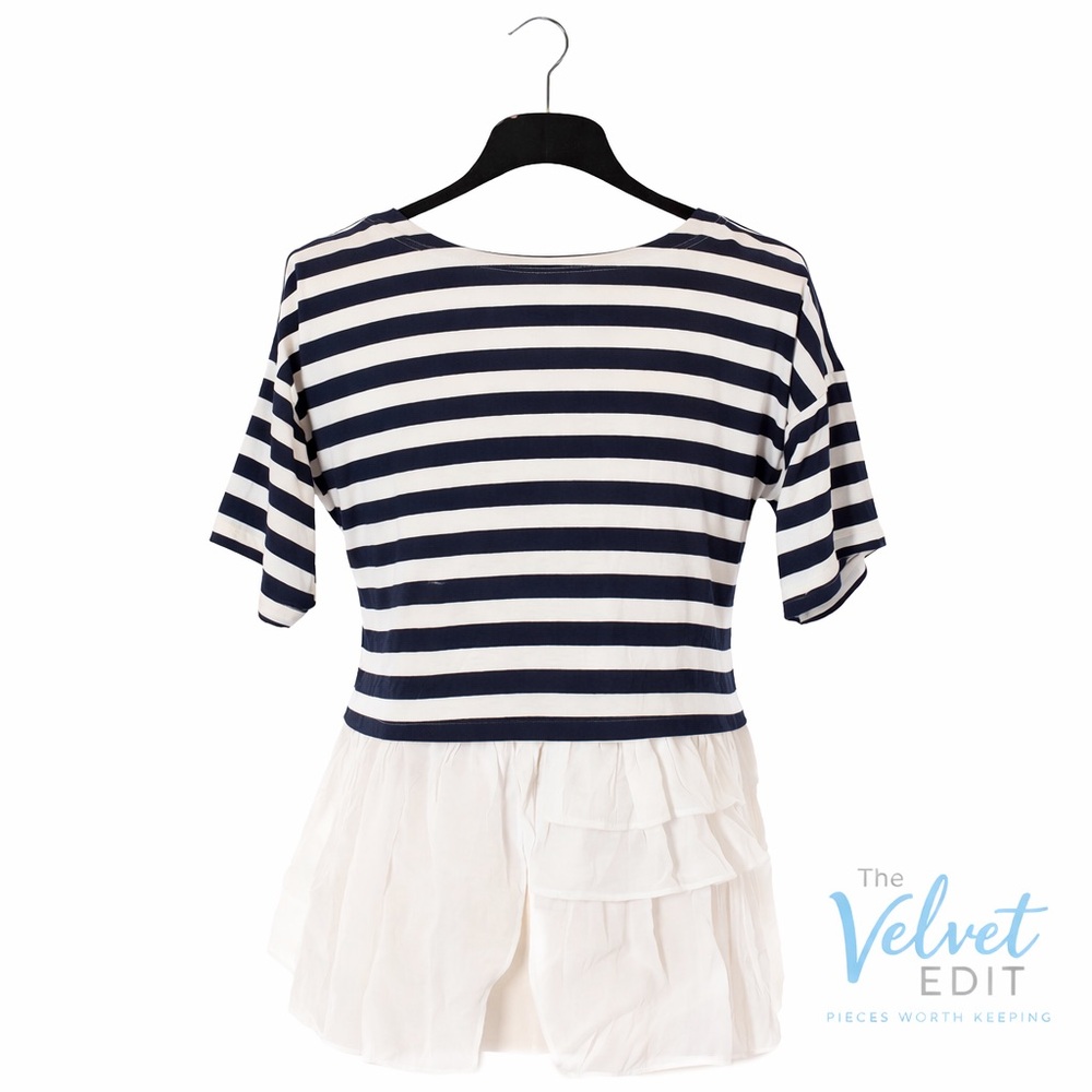 Doe & Rae Navy & White Striped Ruffle Hem Top | Size S - Picture 2 of 3